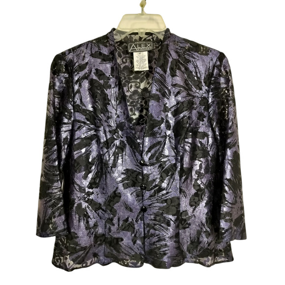 3590)Alex Evenings Petite 2 Pcs Sparkly Lace Tank & Jacket Black & Purple Medium - Picture 2 of 10